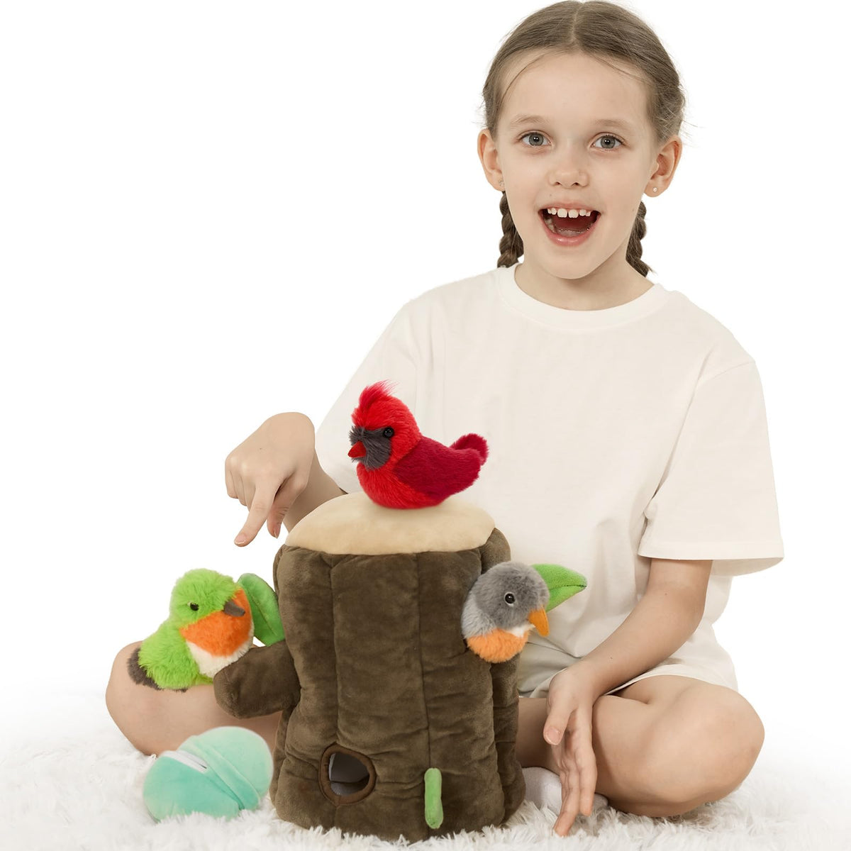 Karister tree house plush stump with holes for interactive play and exploration.