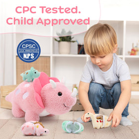 Karister baby Triceratops plush inside an egg promotes imaginative play and nurturing pretend scenarios.