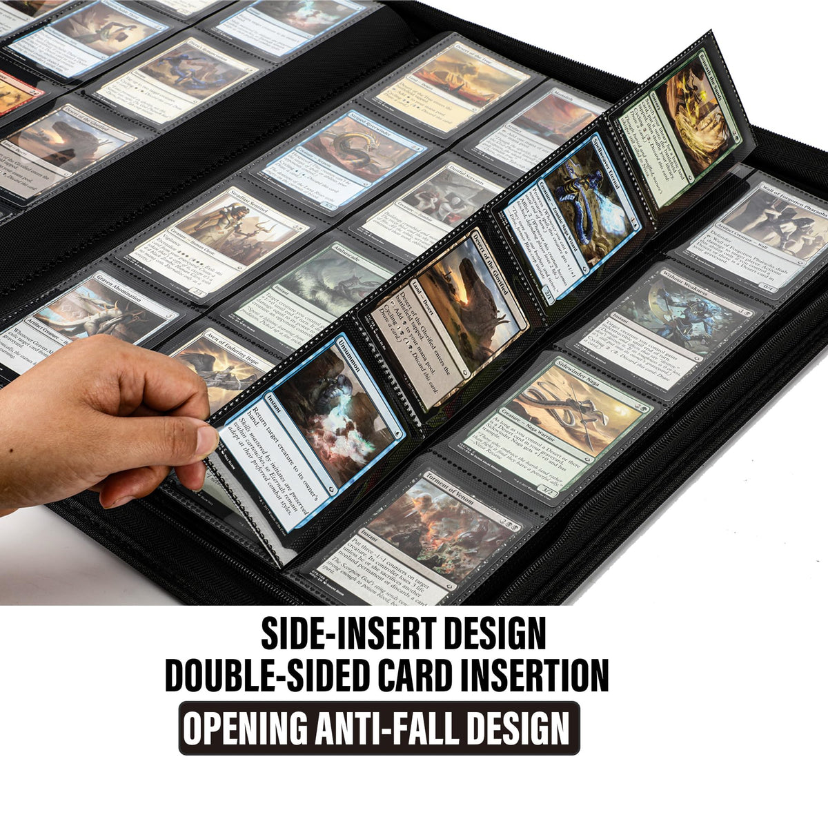 Zippered closure protecting cards during transport and handling.