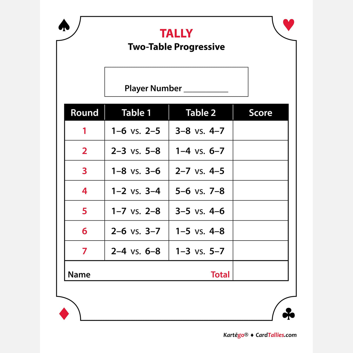 Kartego Progressive Score Pads 2-Table front view with red and black ink for clear scoring
