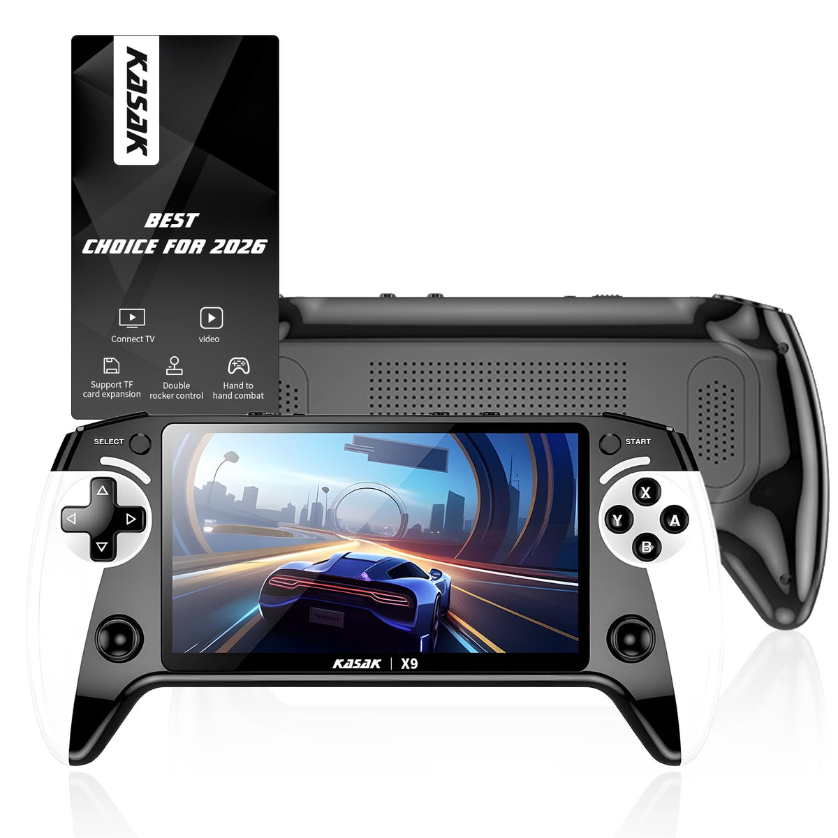 KASAK X9 front view showing a compact retro handheld design for couch gaming.