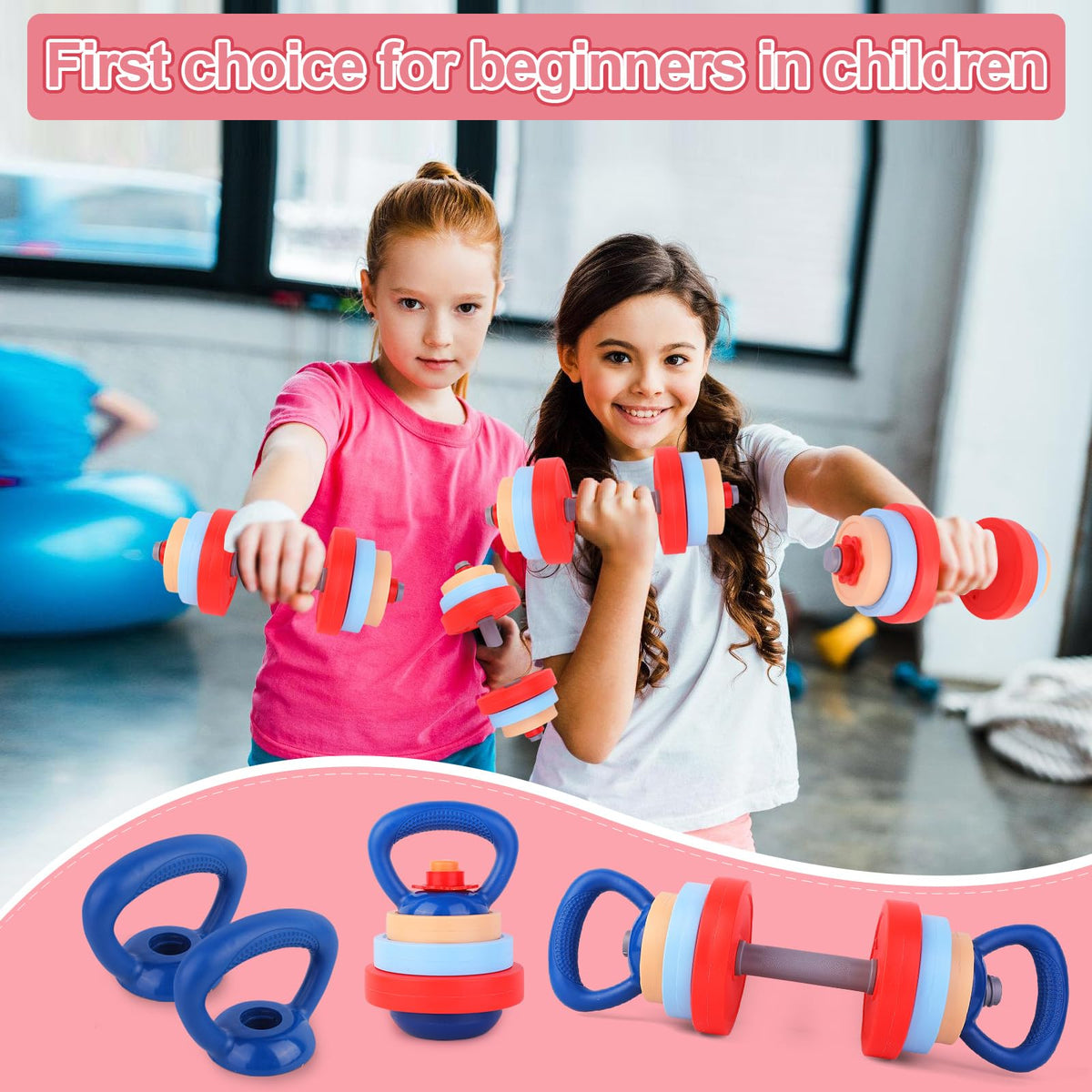 Kasebro bright colors on dumbbells attract kids to active play.