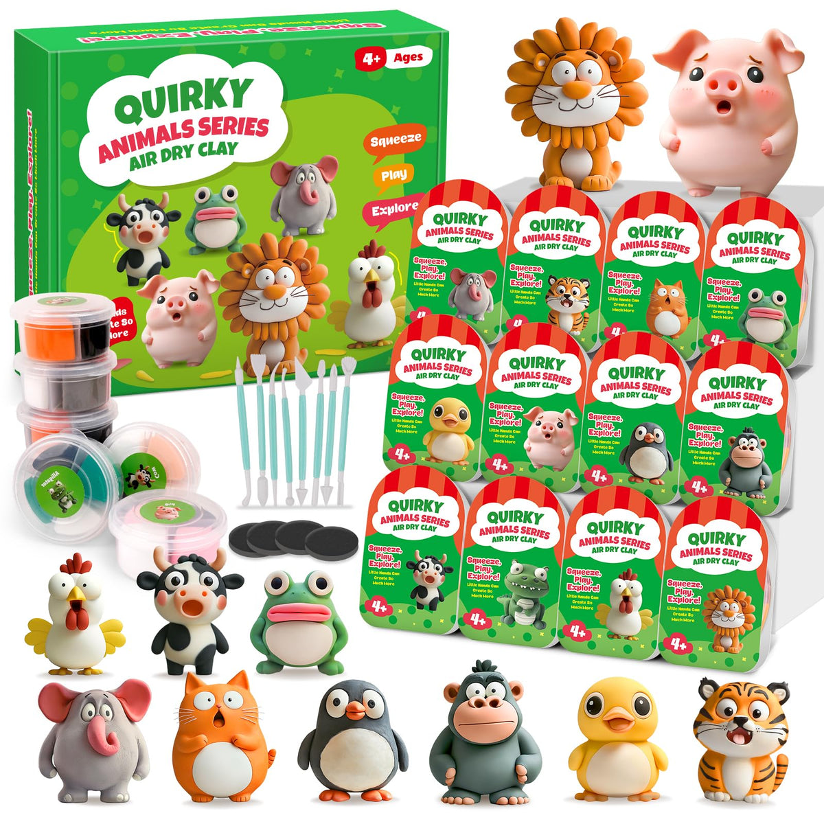 KASFALCI Air Dry Clay Kit animal figures for imaginative play and display.