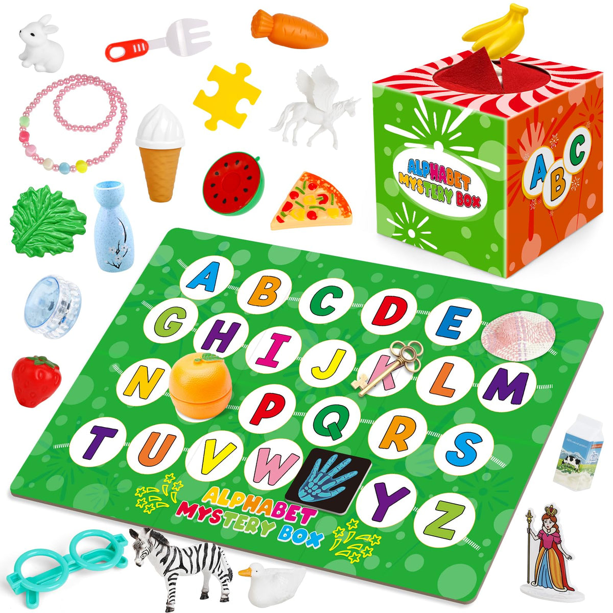 KASFALCI Alphabet Mystery Box with 26 miniatures for letter recognition practice.