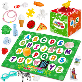 KASFALCI Alphabet Mystery Box with 26 miniatures for letter recognition practice.