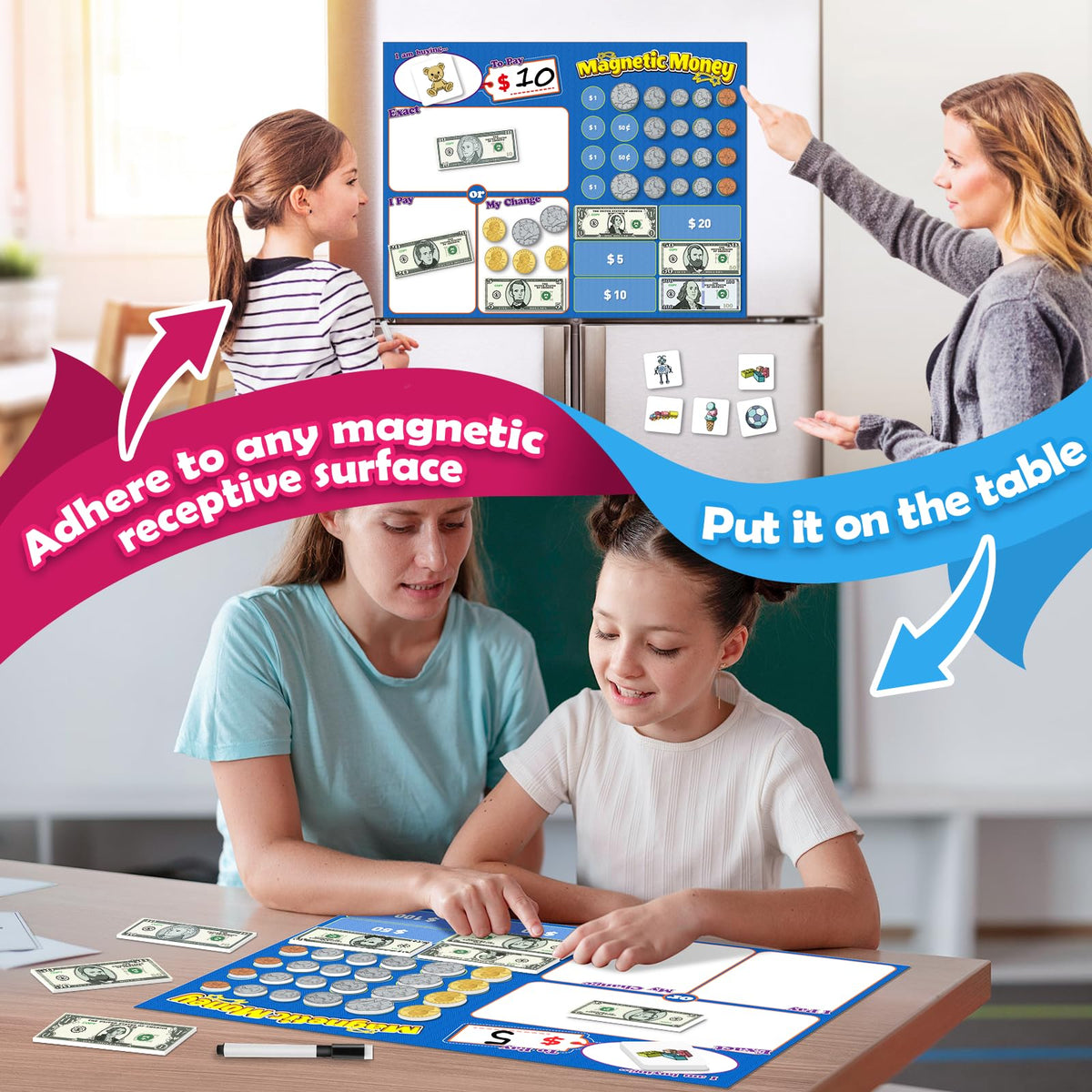 Kasfalci magnetic money bills, multi-denominations for realistic purchases and counting.