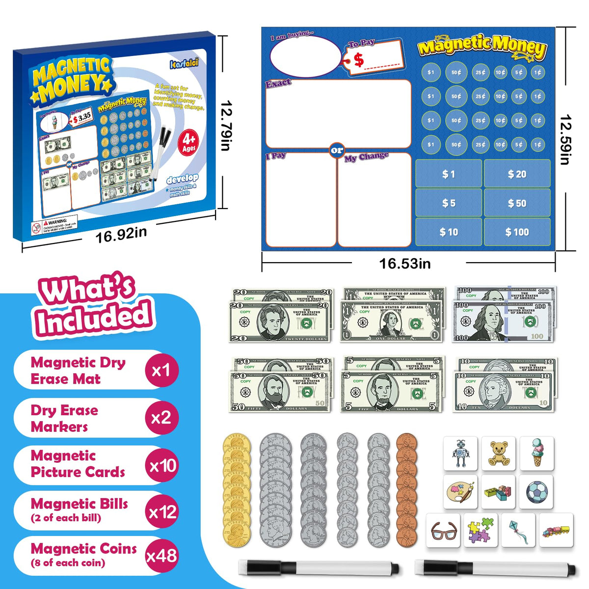 Kasfalci magnetic money dry erase markers, smooth writing for store role-play tasks.