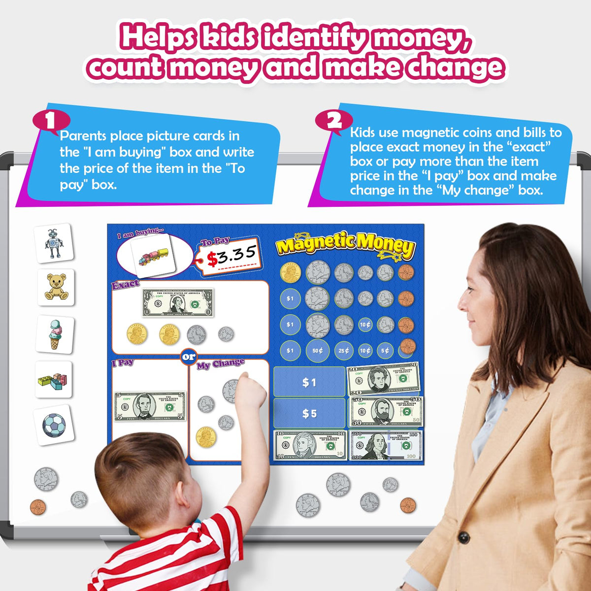 Kasfalci magnetic money nickels and dimes, colorful denominations for hands-on math practice.