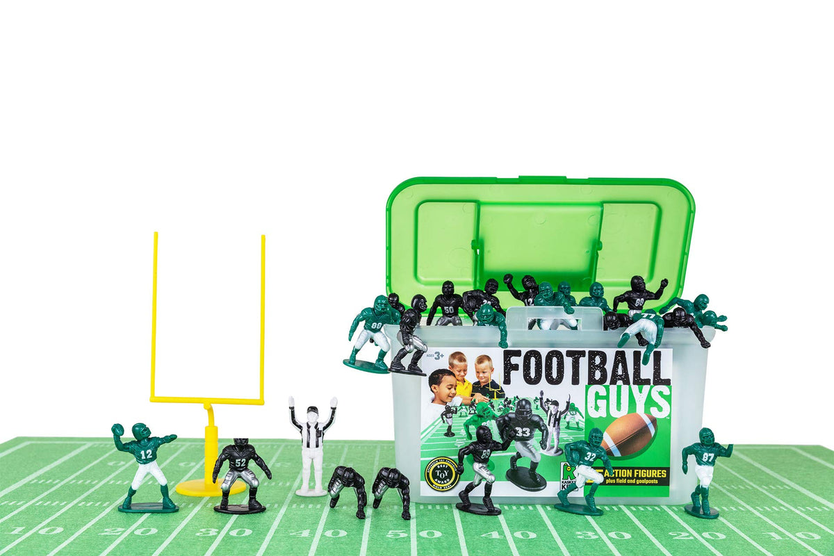 Kaskey Kids Football Guys green vs black pack ready for imaginative play.