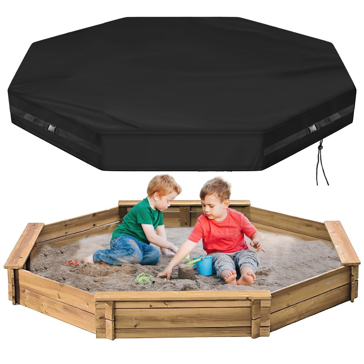 Kasla Octagon Sandbox Cover in black complements outdoor spaces.