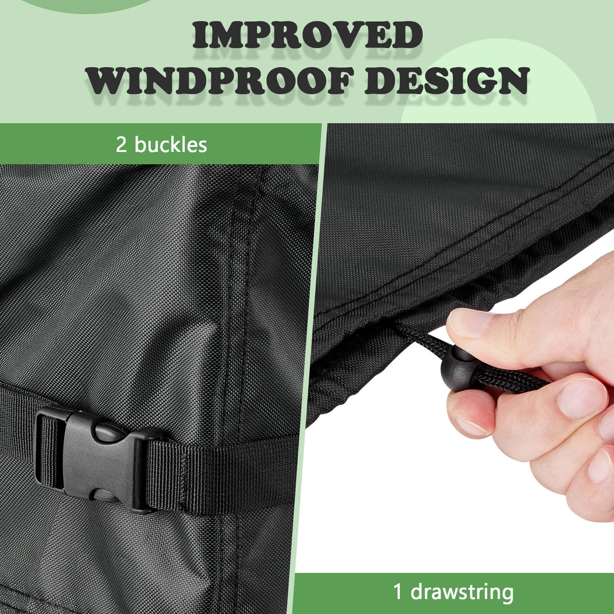 Kasla cover with diagonal buckles secures against wind.