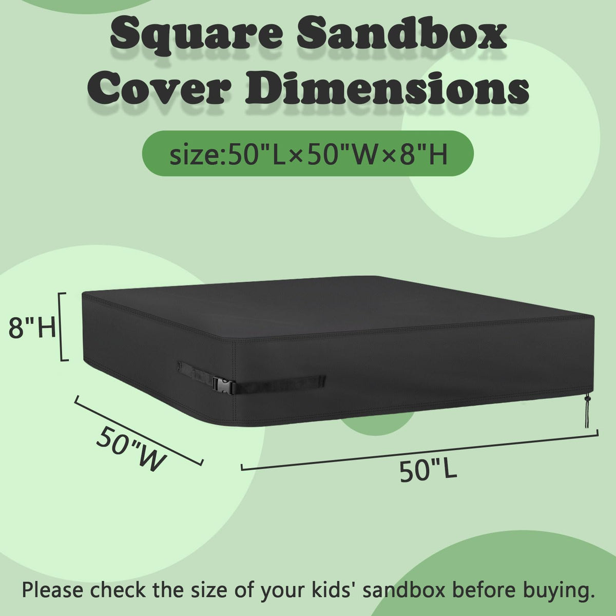 Kasla sandbox cover shows diagonal buckles for wind-resistant fit