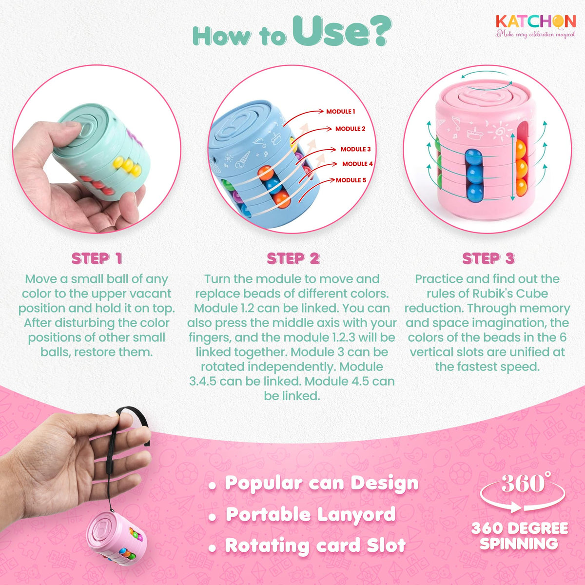 KatchOn multicolor fidget toy—smooth rotation and small puzzle element.