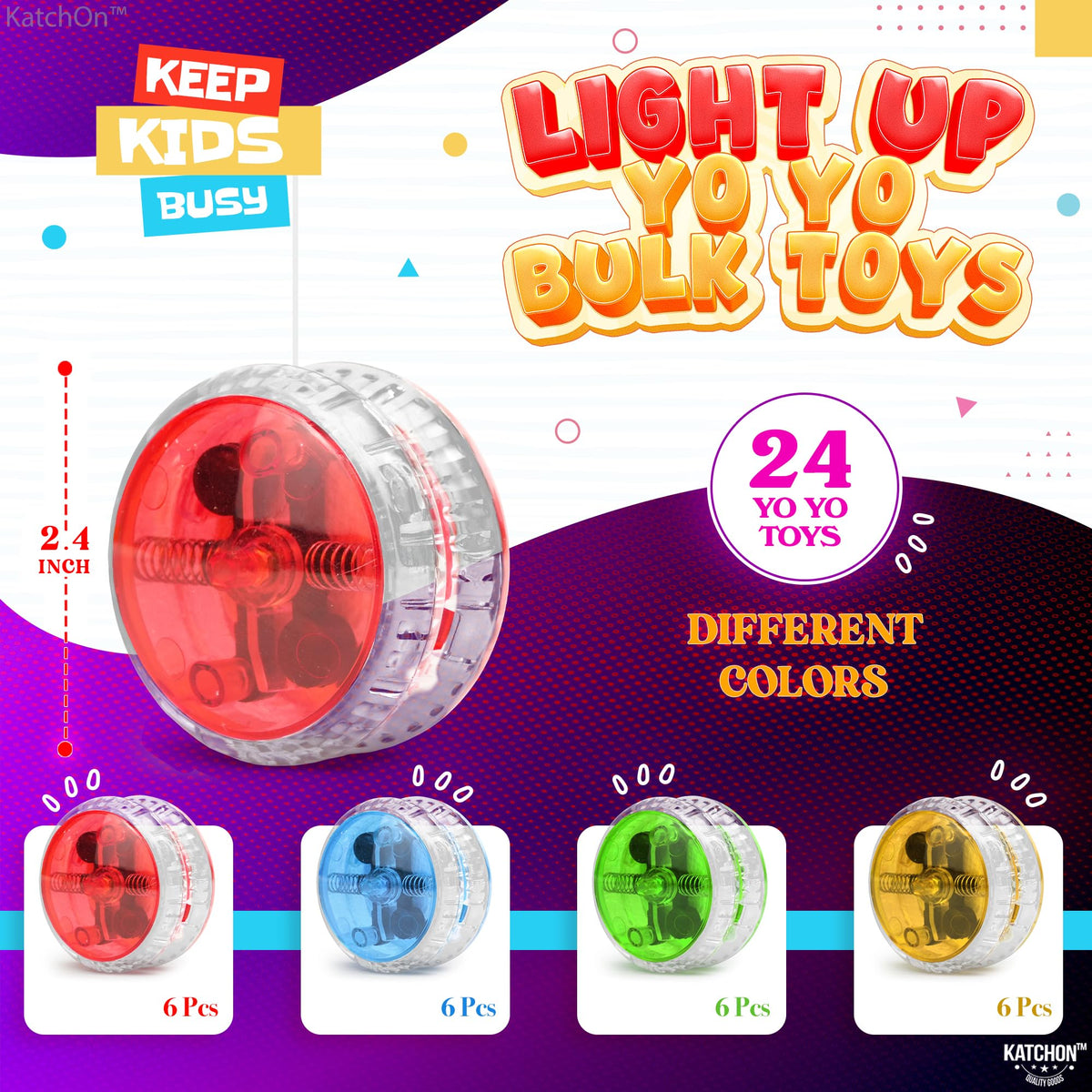 KatchOn multicolor glow yoyo highlights smooth spins, ideal for party favors.