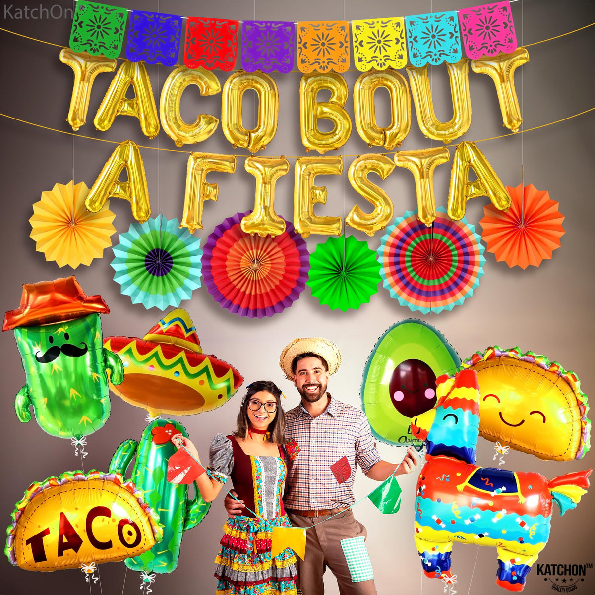 KatchOn Taco Bout A Fiesta 6ft banner and balloons create a striking fiesta backdrop.