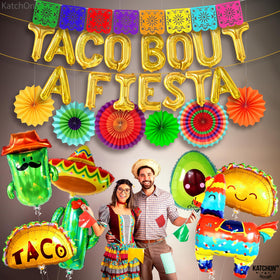 KatchOn Taco Bout A Fiesta 6ft banner and balloons create a striking fiesta backdrop.