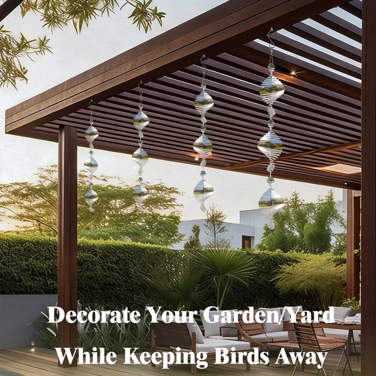 Katinyos Bird Deterren wind spinner creates rotating movement and shimmering reflections.