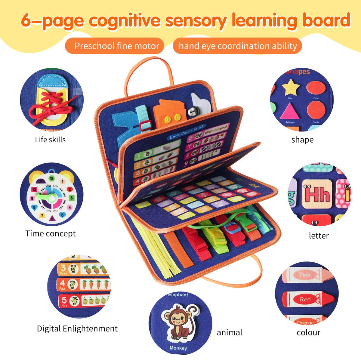 KAWITLO Color shapes and animal matching pages aid visual recognition and fine motor play.