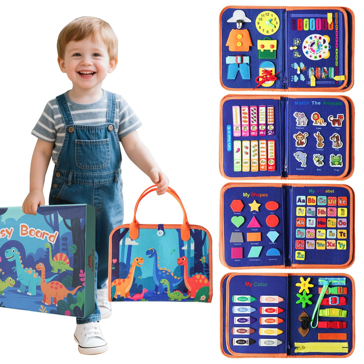 KAWITLO Dinosaur Busy Board cover showcases travel-friendly setup for calm car rides.