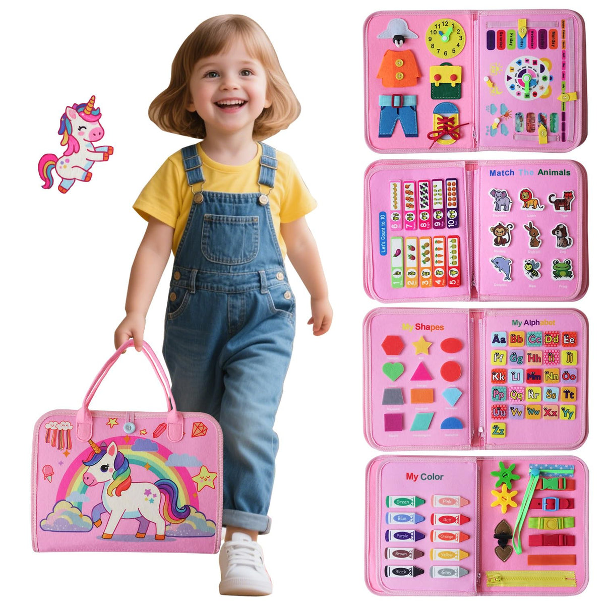 KAWITLO unicorn learning board cover offers tactile travel play for toddlers