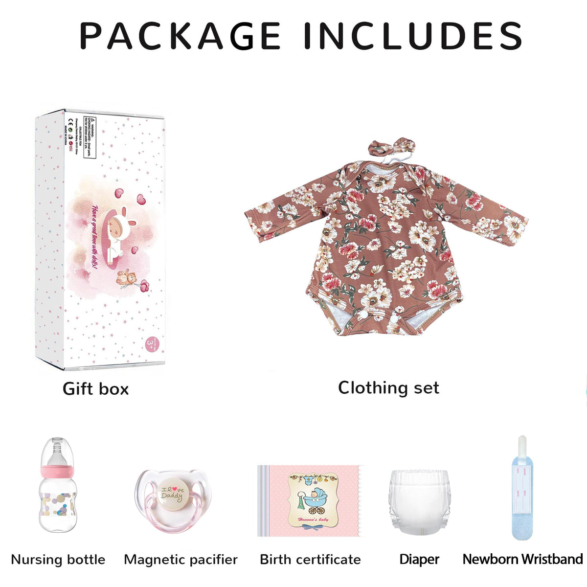 Kaydora doll box contents including birth card and gift box