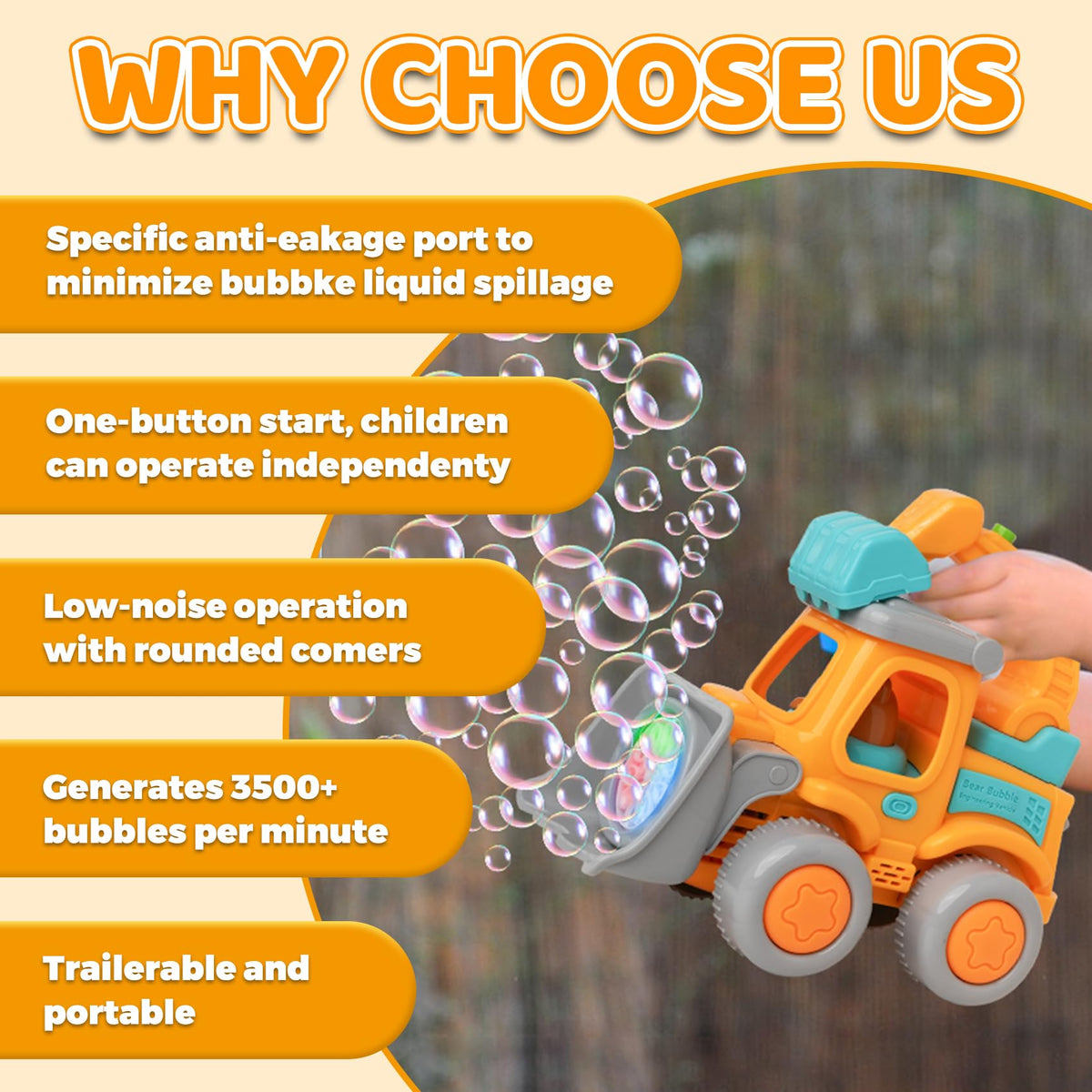 Kayomipe bubble toy shows push handle and wheels for easy transport.