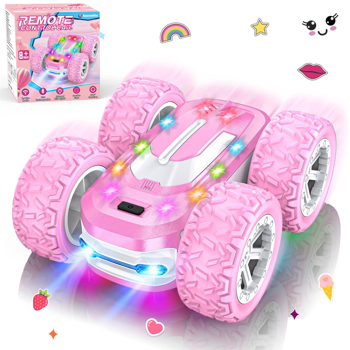 Kazswitle pink RC car viewed front with LED lights for daytime and nighttime play