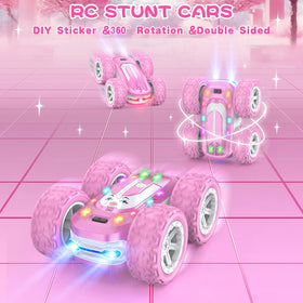 Kazswitle pink RC car side view highlighting 4WD stability on varied surfaces