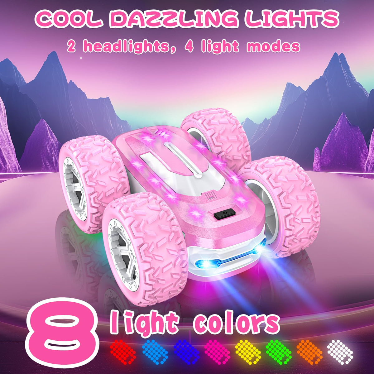 Kazswitle pink RC car top with eight color options and dynamic modes