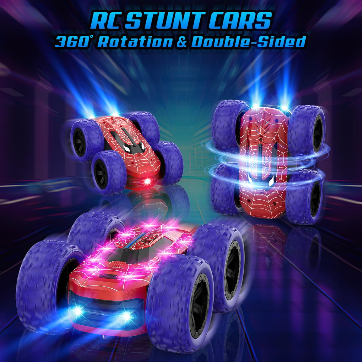 Kazswitle RC car performing double-sided 360 flips for dramatic stunts.