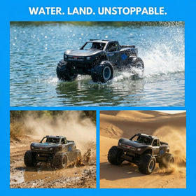KB KAIBO 1:16 Amphibious RC Car side view highlights sturdy build for outdoors.