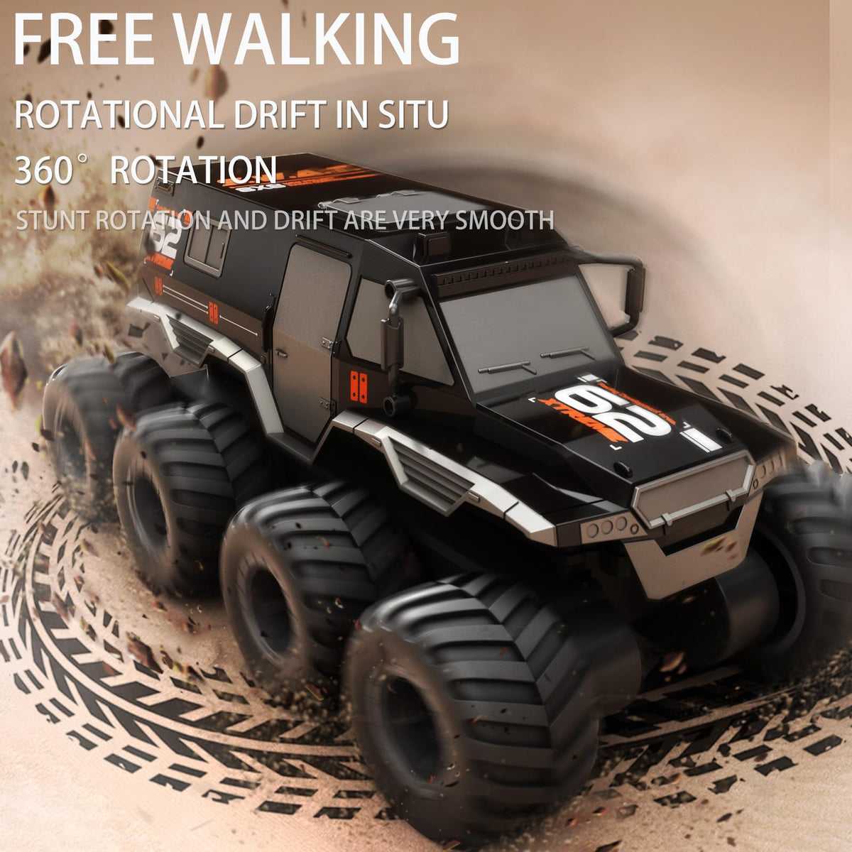 KB KAIBO 8WD motor and tires close-up highlight enhanced traction.