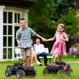 KB KAIBO kids enjoying outdoor play with the blue RC car