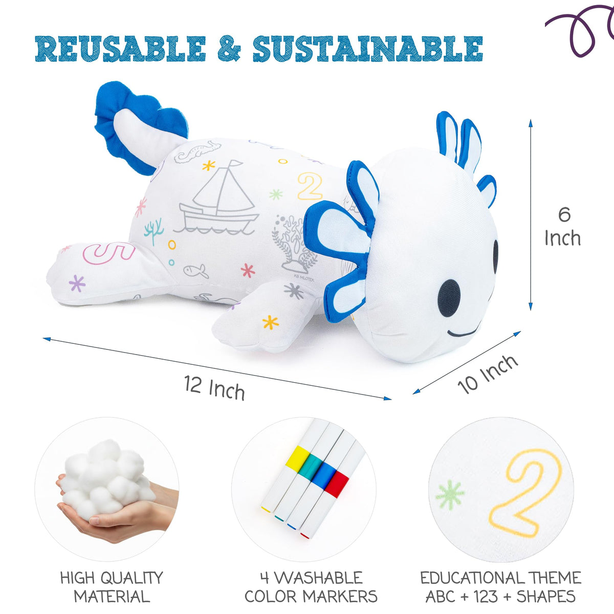 KB Mlotek Axolotl plush shows traceable numbers design for counting practice.