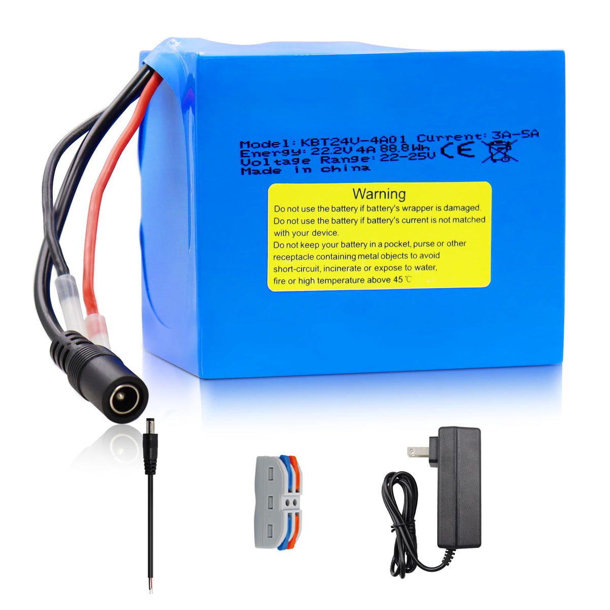 KBT 24V 4Ah battery box contents with charger and cables for quick replacement.