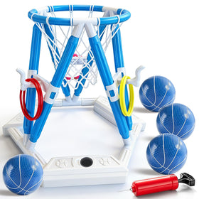 KCCHZ 2-in-1 pool basketball hoop assembled on the water surface for family fun.