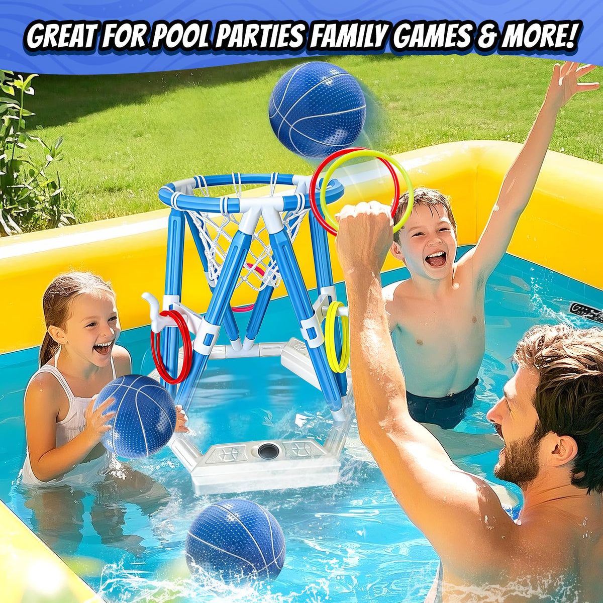 KCCHZ floating basketballs prepared for slam-dunk challenges in the pool.