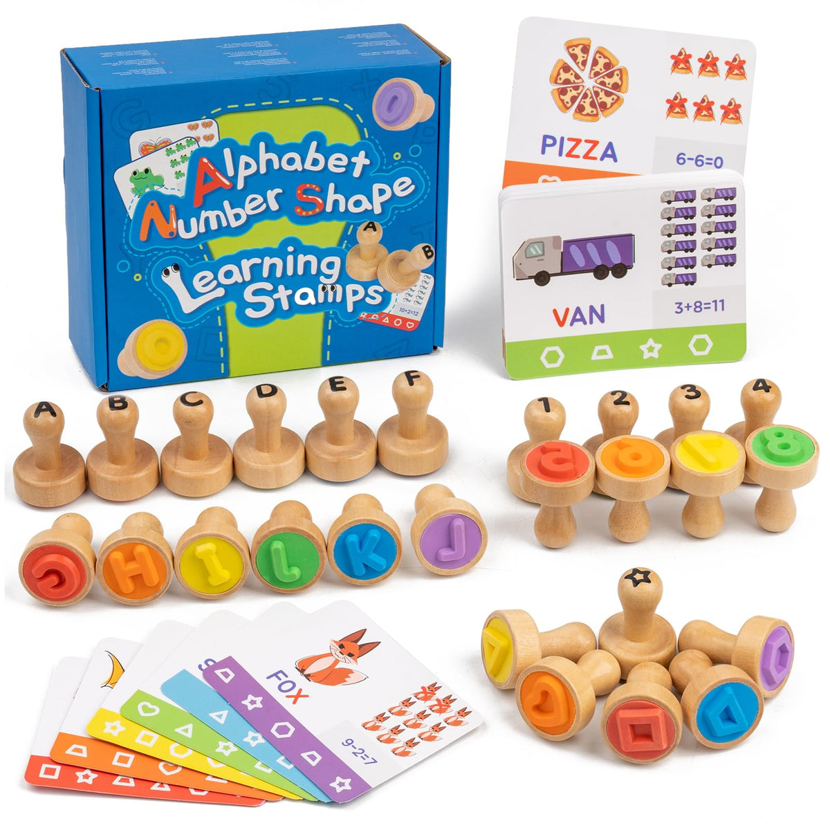 KDSFT Alphabet stamps on wood for kids to practice spelling and recognition.