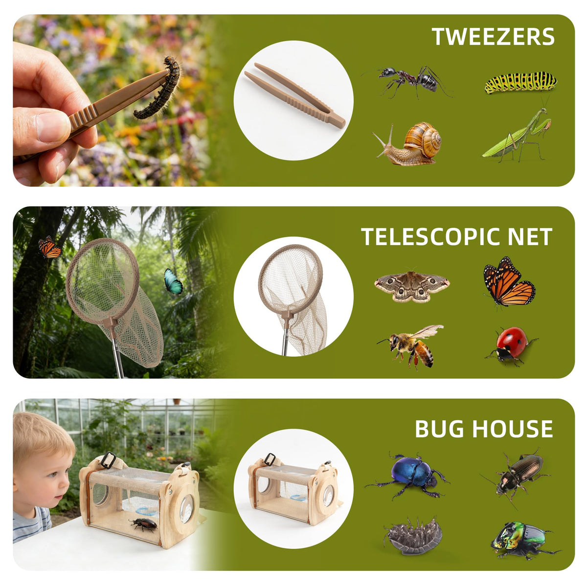 KDSFT butterfly net and wooden habitat ideal for backyard insect viewing.
