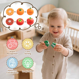 KDSFT toddler enjoying pretend cooking with a complete play food set.
