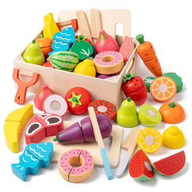 KDSFT wooden play food set with 34 pieces for imaginative meals and motor skill practice.