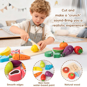 KDSFT wooden storage basket keeps play food organized for sharing.