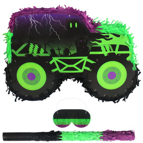 Kedaijin green-purple monster truck pinata, front view, ideal focal decor for racing-themed kids' party
