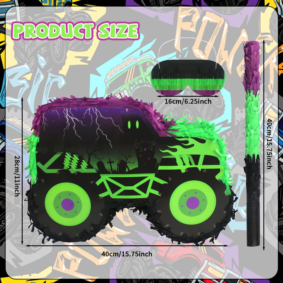 Kedaijin green-purple monster truck pinata, side view, bright colors attract attention during celebrations