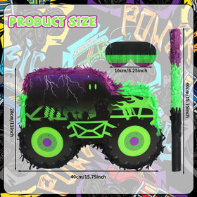 Kedaijin green-purple monster truck pinata, side view, bright colors attract attention during celebrations