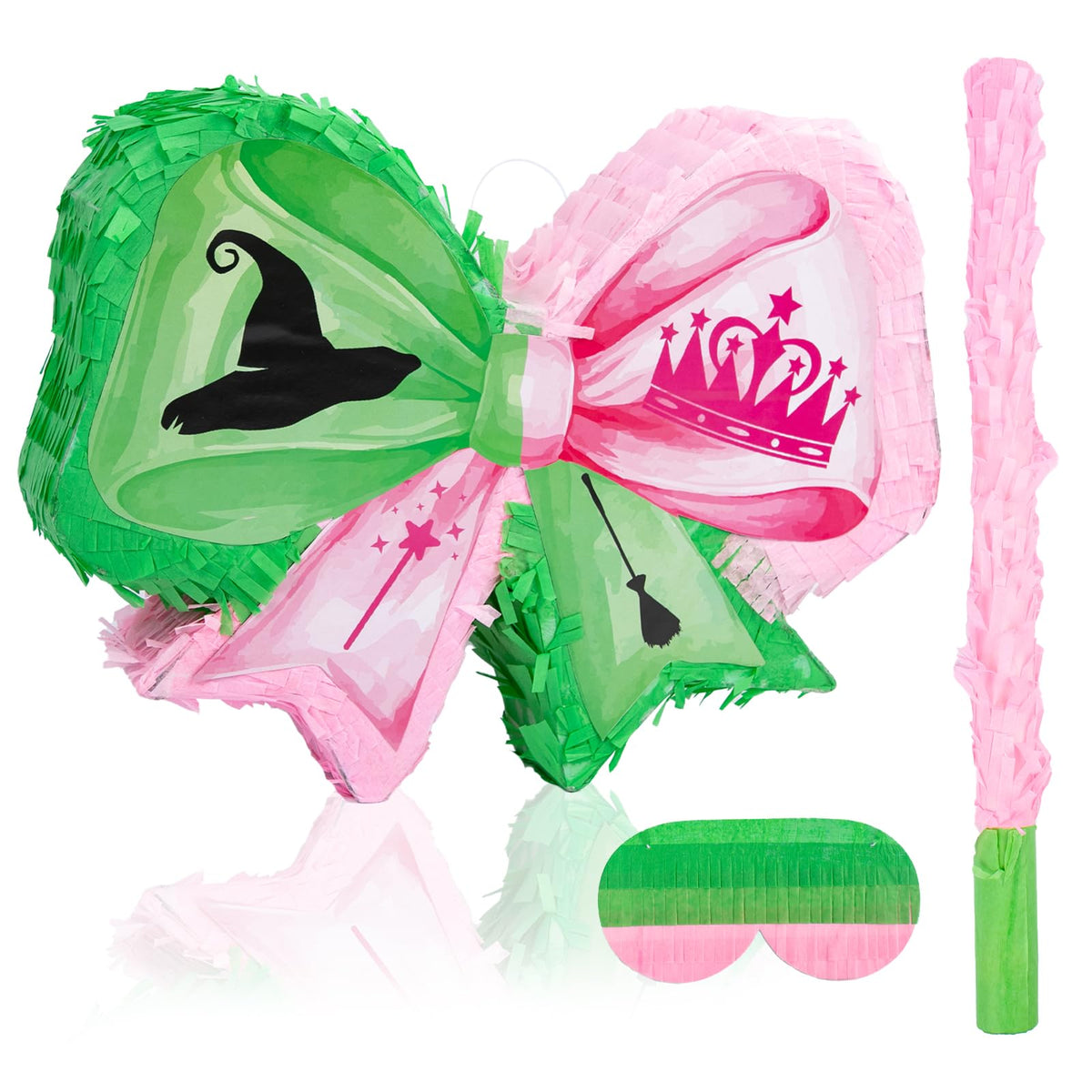Kedaijin Witch Pinata pink and green bow, a vibrant party centerpiece.