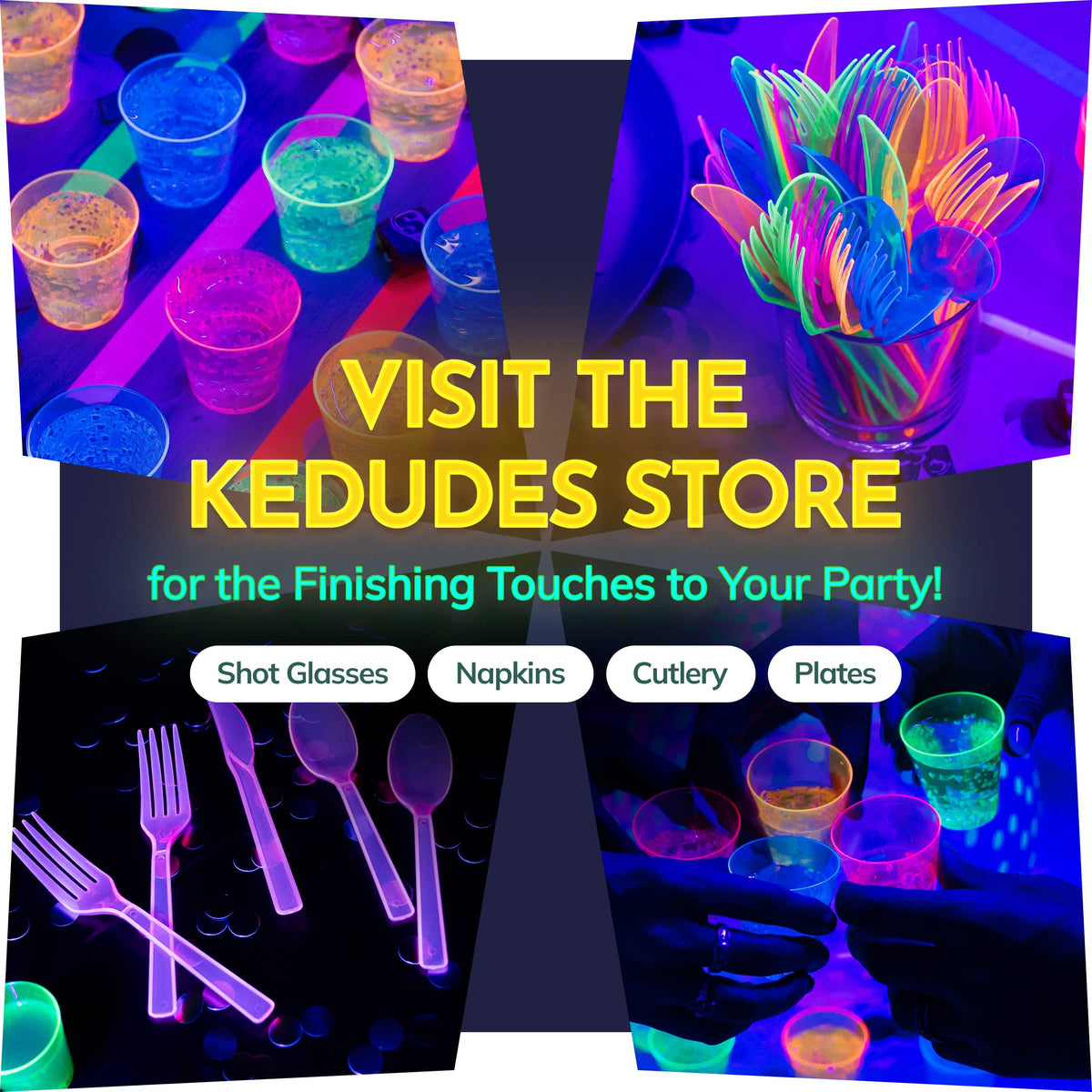 Kedudes packaging for neon party sets allows quick setup.
