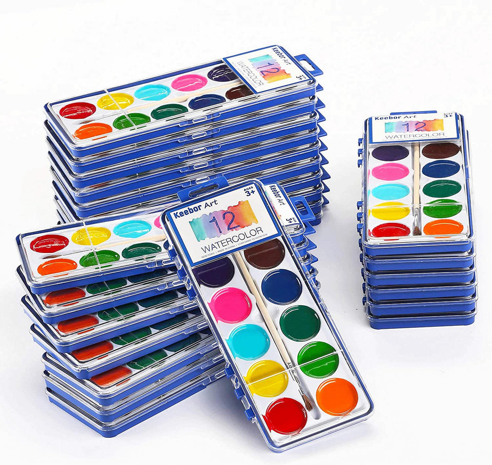 Keebor watercolor palette with 12 colors for kids' art projects.