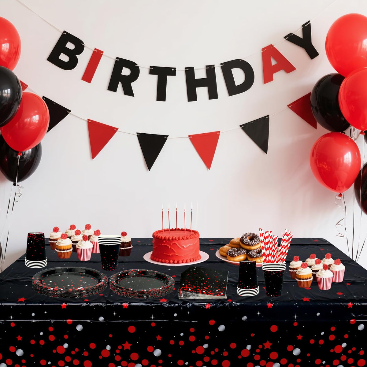 KEFAN red-black tablecloths to create a polished base for tables