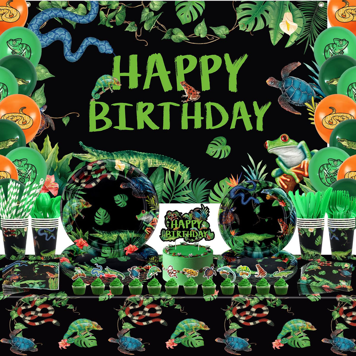 KEFAN reptile party backdrop enhances the photo wall with bold jungle colors.